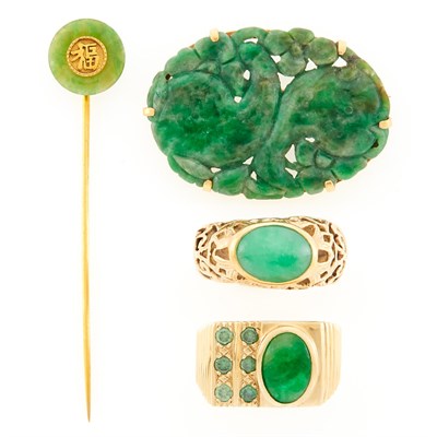 Lot 2217 - Two Gold, Jade and Colored Diamond Rings, Carved Jade Brooch and Stick Pin