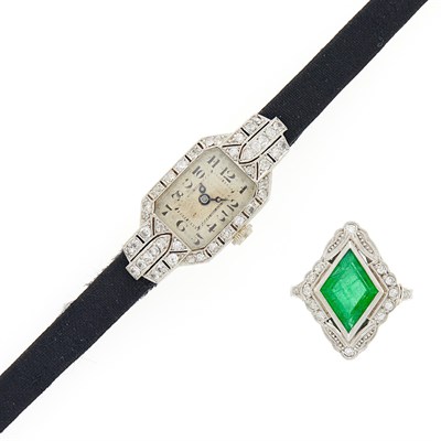 Lot 1035 - White Gold, Emerald and Diamond Ring and Diamond Wristwatch