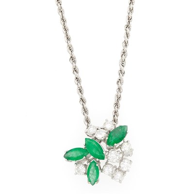 Lot 1047 - White Gold, Emerald and Diamond Pendant-Brooch with Chain Necklace