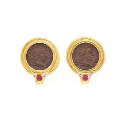 Lot 31 - Pair of Gold, Bronze Coin, Cabochon Ruby and Diamond Earrings