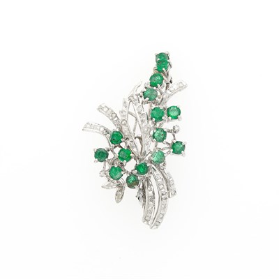 Lot 59 - Low Karat White Gold, Emerald and Diamond Clip-Brooch