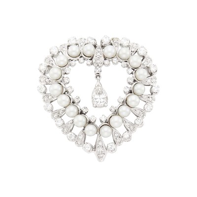 Lot 2181 - White Gold, Cultured Pearl and Diamond Heart Pendant-Brooch