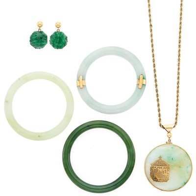 Lot 1171 - Three Jade and Nephrite Bangle Bracelets, Gold Pendant with Chain Necklace and Pair of Pendant-Earrings