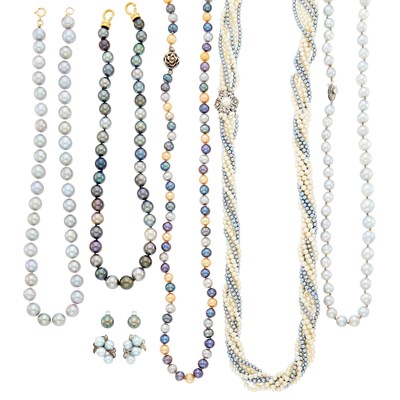 Lot 1128 - Five Cultured, Freshwater, Baroque and Dyed Pearl Necklaces and Two Pairs of Gold, Silver and Pearl Earrings