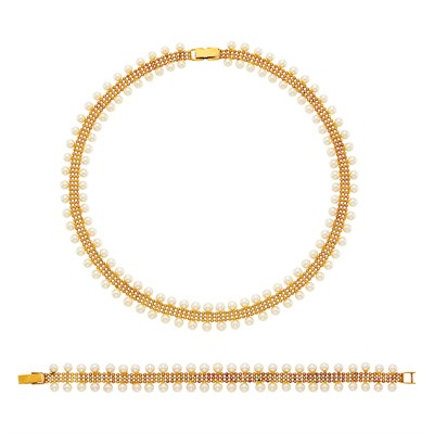 Lot 1102 - Gold and Cultured Pearl Necklace and Bracelet