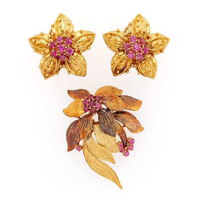 Lot 1089 - Tiffany & Co. Pair of Gold and Ruby Earrings and Brooch