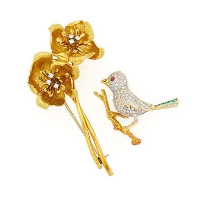 Lot 1134 - Gold Flower Brooch and Two-Color Gold and Diamond Bird Brooch