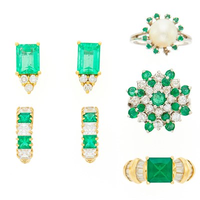 Lot 1104 - Group of Yellow and White Gold, Emerald, Diamond, Cultured Pearl and Simulated Stone Jewelry