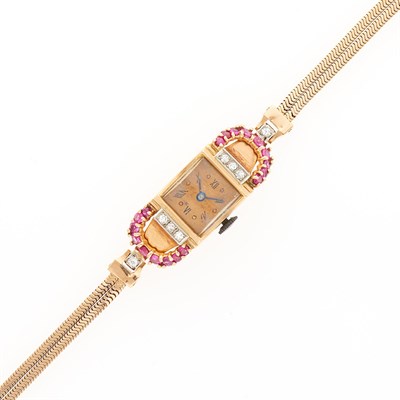 Lot 2132 - Lady's Double Strand Rose Gold, Ruby and Diamond Bracelet-Watch
