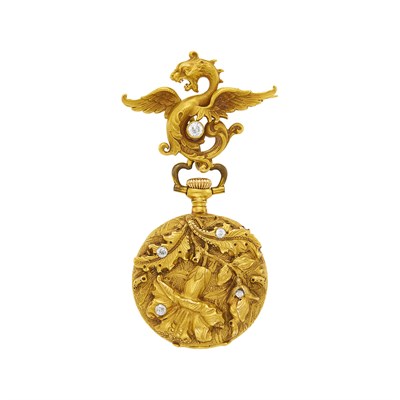 Lot 58 - Art Nouveau Gold and Diamond Lapel-Watch