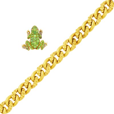 Lot 61 - Antique Gold Bracelet and Demantoid Garnet and Diamond Frog Pin