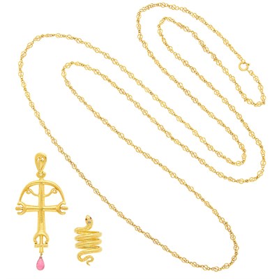Lot 3 - Gold Snake Ring, Long Gold Chain Necklace with Ilias Lalaounis Gold and Pink Tourmaline Briolette Pendant