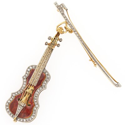 Lot 2105 - Two-Color Gold, Enamel and Diamond Violin and Bow Brooch