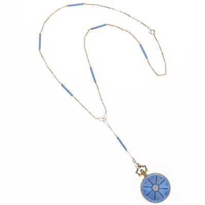 Lot 2119 - Longines Gold, Platinum, Blue Guilloché Enamel, Cabochon Sapphire and Pearl Pendant-Watch Necklace