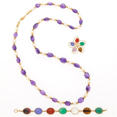 Lot 2038 - Gold, Amethyst Bead, Freshwater Pearl and Hardstone Intaglio Necklace, Bracelet and Brooch