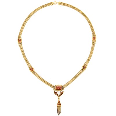 Lot 1095 - Triple Strand Gold and Enamel Fringe Pendant-Necklace