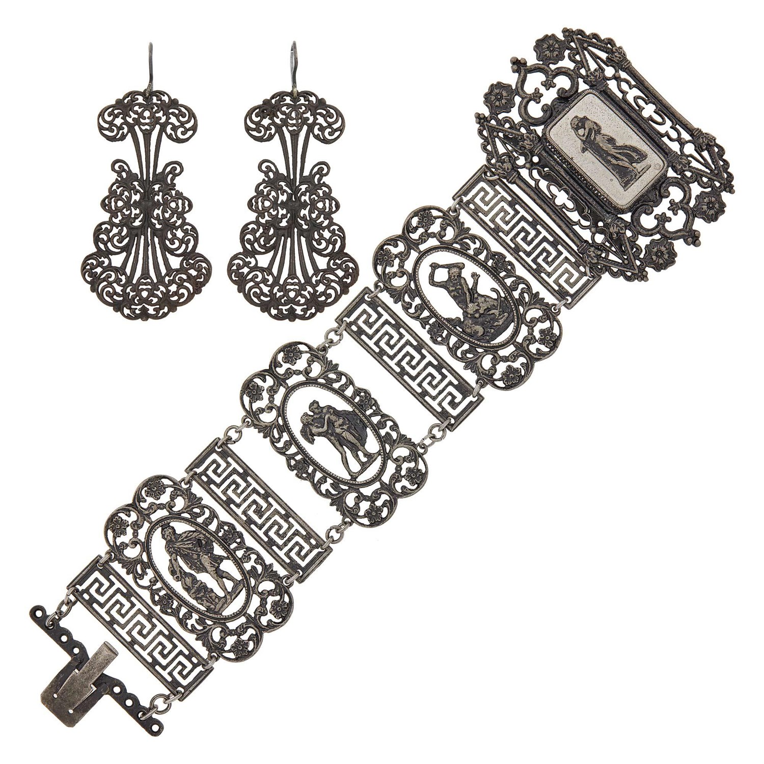 Lot 197 - Antique Neo-Gothic Berlin Iron and Black Lacquer Cuff Bracelet and Pair of Earrings