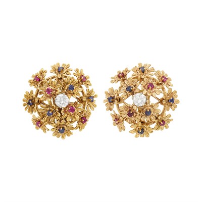 Lot 48 - Pair of Gold, Diamond, Ruby and Sapphire 'En Tremblant' Floret Earclips