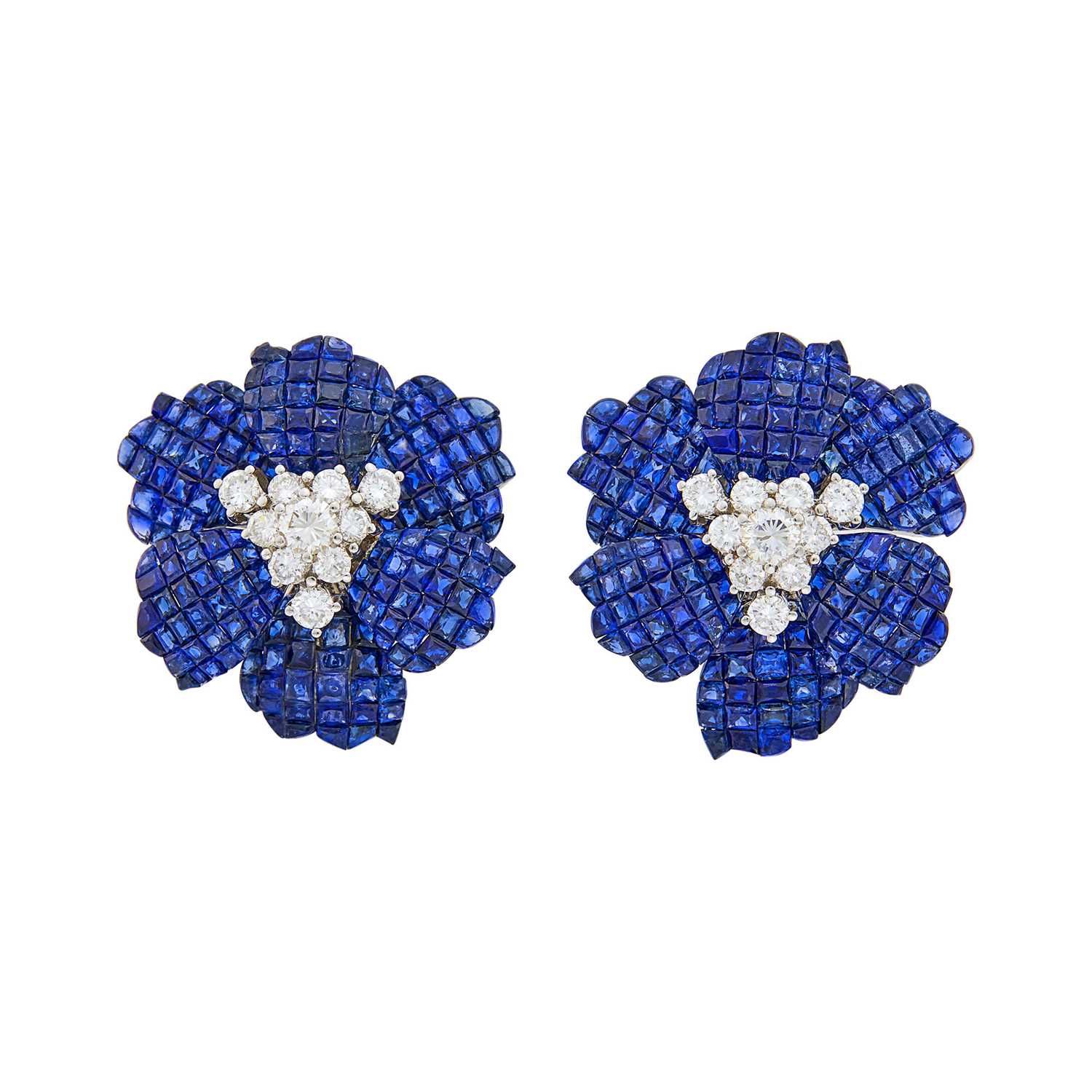 Lot 1156 - Pair of White Gold, Invisibly-Set-Sapphire and Diamond Flower Earclips