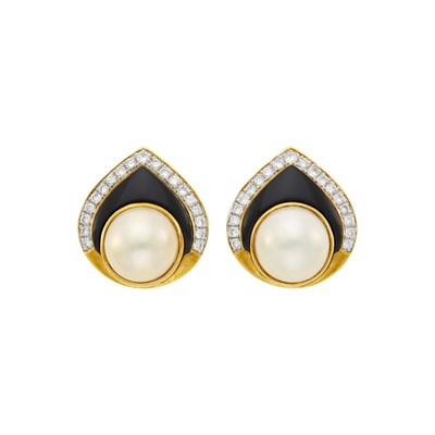 Lot 37 - Pair of Two-Color Gold, Mabé Pearl, Black Onyx and Diamond Earrings