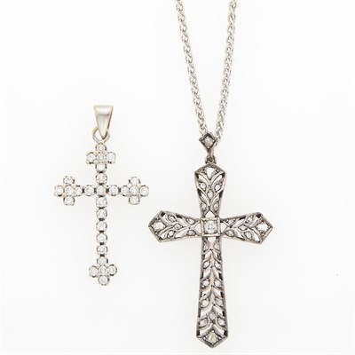 Lot 1091 - Long White Gold Chain Necklace with Two Silver, White Gold and Diamond Cross Pendants