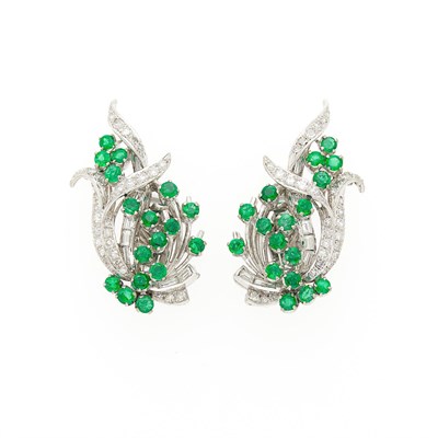 Lot 57 - Pair of White Gold, Emerald and Diamond Earclips