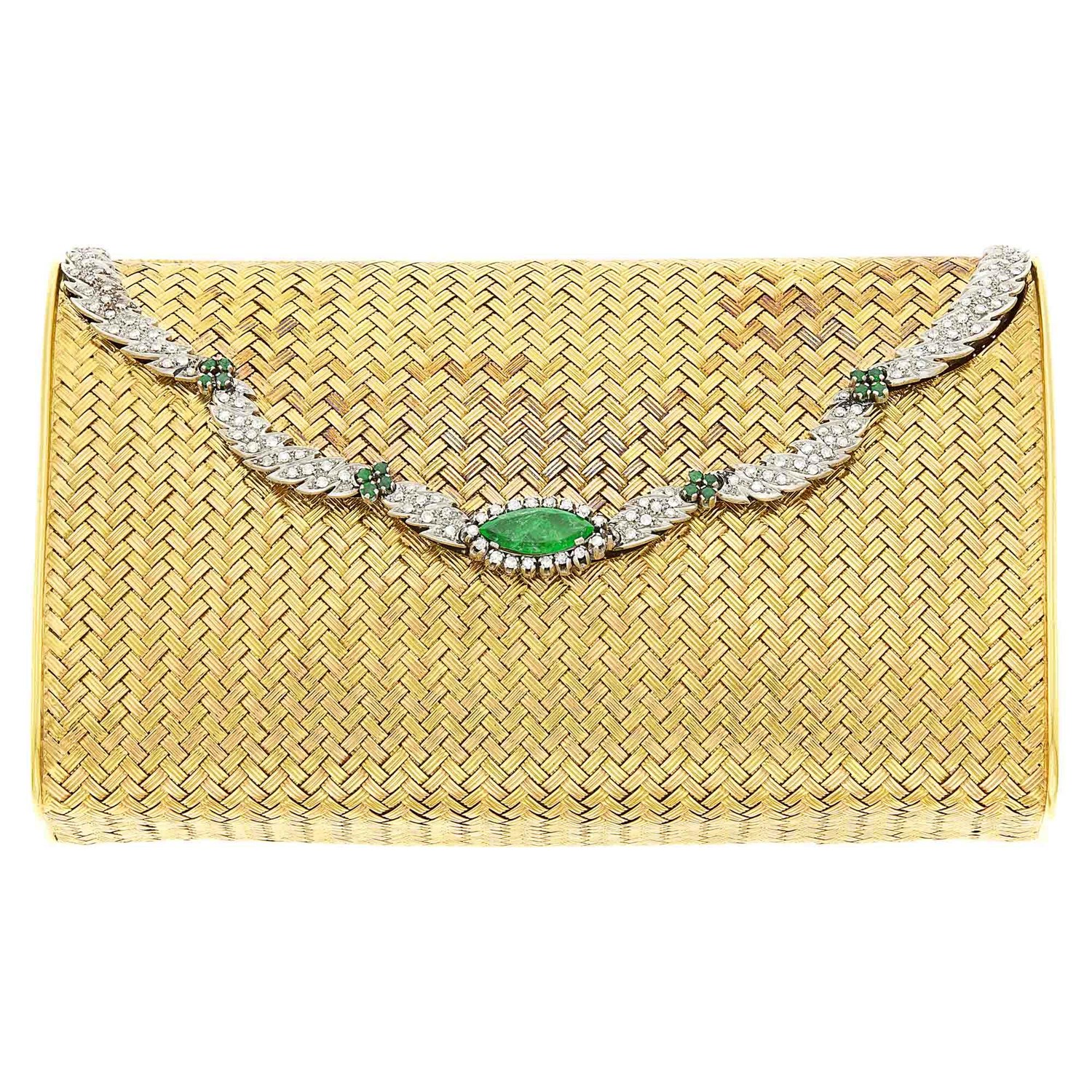Lot 101 - Two-Color Woven Gold, Platinum, Diamond and Emerald Clutch