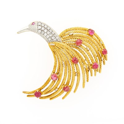 Lot 2047 - Two-Color Gold, Cabochon Ruby and Diamond Bird Brooch