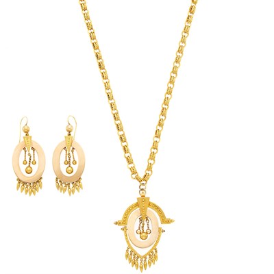 Lot 1096 - Antique Two-Color Gold Pendant with Low Karat Gold Chain Necklace and Pair of Gold Pendant-Earrings