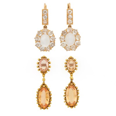 Lot 1080 - Two Pairs of Antique Gold, Moonstone, Diamond and Topaz Pendant-Earrings