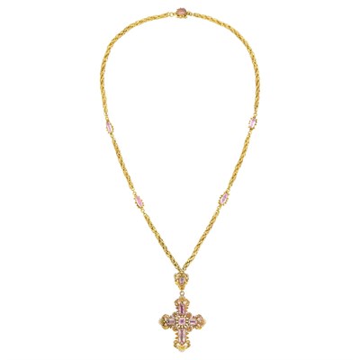 Lot 52 - Georgian Gold and Foil-Backed Pink Topaz Cross Pendant-Brooch Necklace