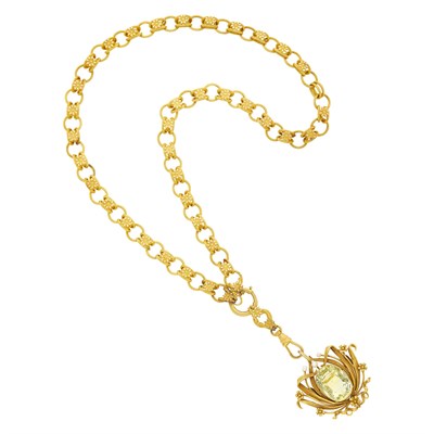 Lot 51 - Antique Gold Chain Necklace with Antique Gold, Yellow Sapphire and Seed Pearl Pendant-Brooch