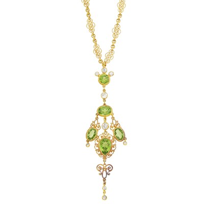 Lot 62 - Gold, Peridot and Diamond Pendant with Gold Chain Necklace