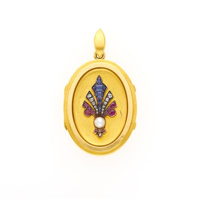 Lot 2102 - Antique Gold, Silver, Sapphire, Ruby and Diamond and Pearl Locket Pendant
