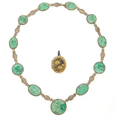 Lot 2114 - Silver-Gilt and Neillo Locket Pendant and Silver and Carved Jade Necklace