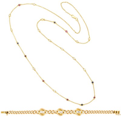 Lot 1203 - Long Gold, Diamond and Gem-Set Necklace and Diamond Bracelet