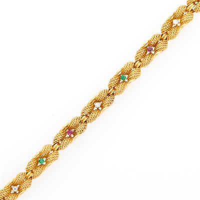 Lot 1183 - Gold, Diamond, Emerald and Ruby Bracelet, France