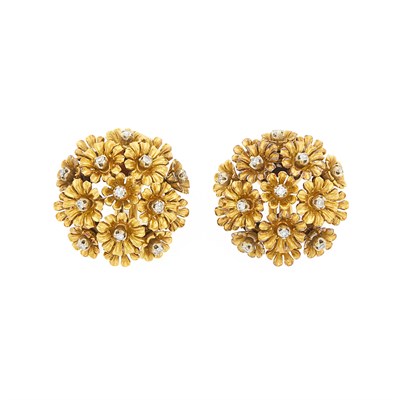 Lot 1101 - Pair of Gold and Diamond Articulated Flower Earclips