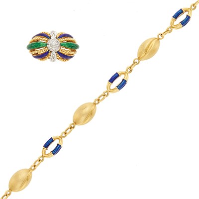Lot 1081 - Two-Color Gold, Enamel and Diamond Ring and Blue Enamel Bracelet