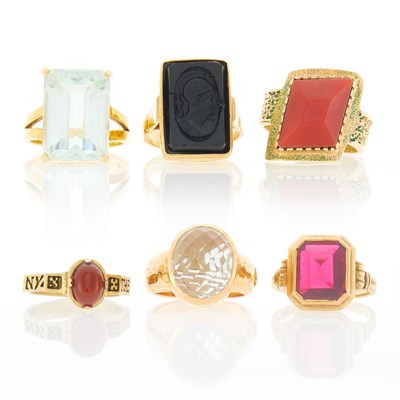 Lot 1157 - Group of Gold, Low Karat Gold, Gilt-Metal, Colored and Hardstone Rings
