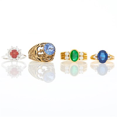 Lot 1160 - Three Yellow and White Gold, Diamond and Colored Stone Rings and Costume Ring