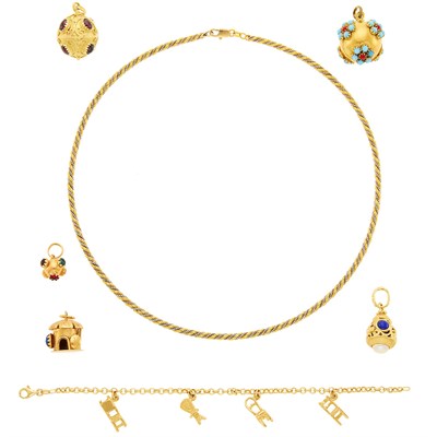 Lot 1093 - Two-Color Gold Chain Necklace, Gold Charm Bracelet and Group of Gold, Platinum, Colored Stone and Diamond Charms