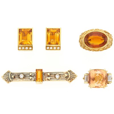 Lot 1202 - Gold and Citrine Ring, Bar Pin and Pair of Earclips and Topaz and Diamond Ring