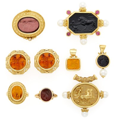 Lot 1077 - Two Gold and Colored Glass Intaglio Rings, Pair of Earclips, Two Brooches and Three Pendants