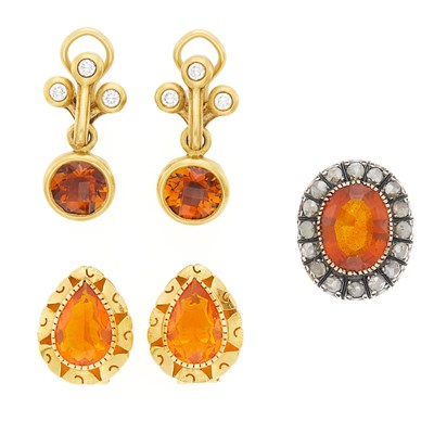 Lot 1167 - Gold, Silver, Diamond and Citrine Ring, Pair of Citrine and Diamond Pendant-Earclips and Fire Opal Earclips