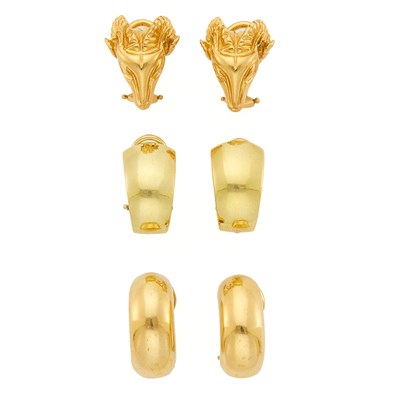 Lot 1178 - Three Pairs of Gold Earclips