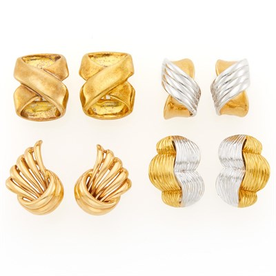 Lot 1207 - Three Pairs of Two-Color Gold Earclips and Pair of Costume Earclips