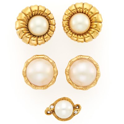 Lot 1199 - Pair of Gold and Mabé Pearl Earclips, Gold, Cultured Pearl and Diamond Serpent Ring and Pair of Costume Earclips