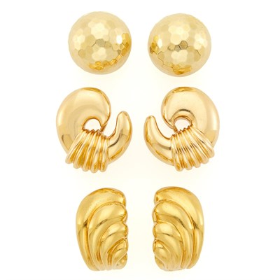 Lot 1187 - Three Pairs of Gold Earclips