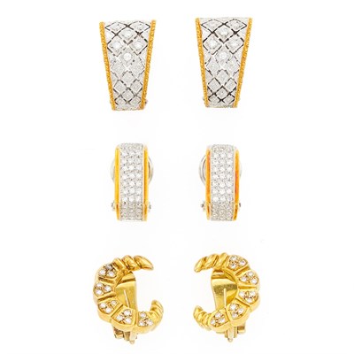 Lot 1108 - Three Pairs of Two-Color Gold and Diamond Earclips